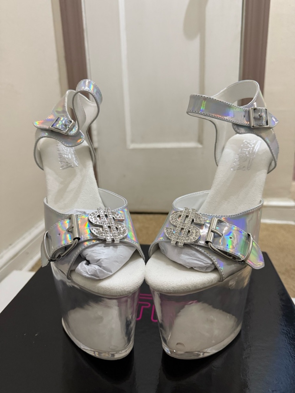 YRU Holographic Silver Platform Sandals with Crystal Dollar Buckle